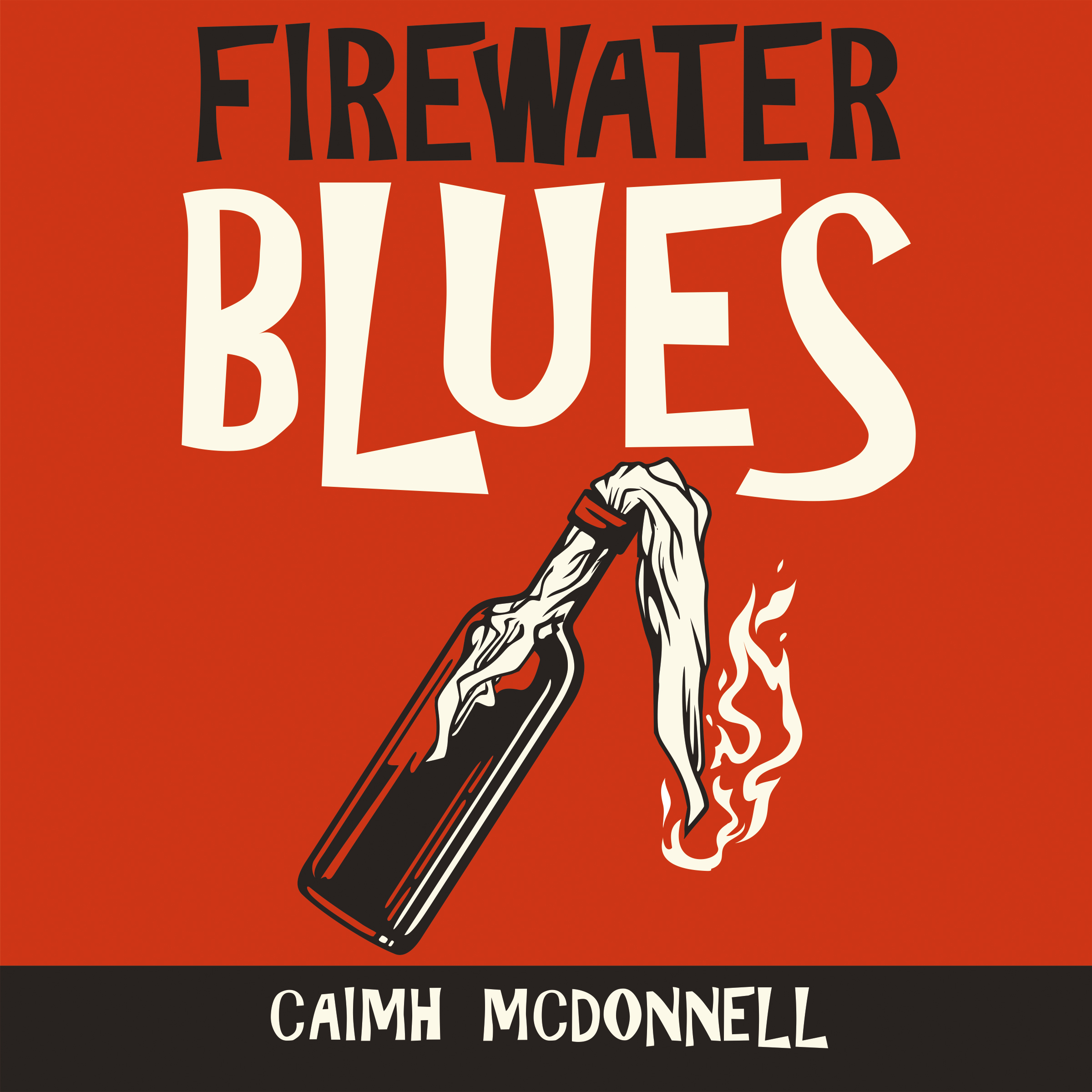 Image shows a red cover with a wine bottle at an angle in the middle. Inside the bottle is a white rag that is on fire.<br />
Above the bottle are the words Firewater Blues.