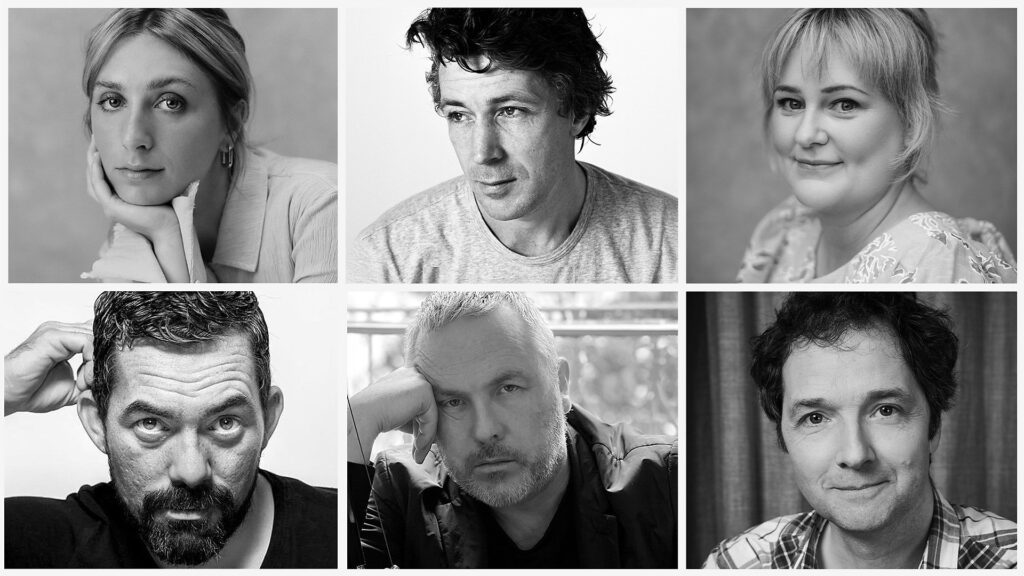 A black and white collage of six faces arranged in two rows. The top row from top left shows Ella Lily Hyland, Aidan Gillen, Philippa Dunne, The bottom row from bottom left Packy Lee, Stuart Carolan (writer) and Chris Addison (producer)